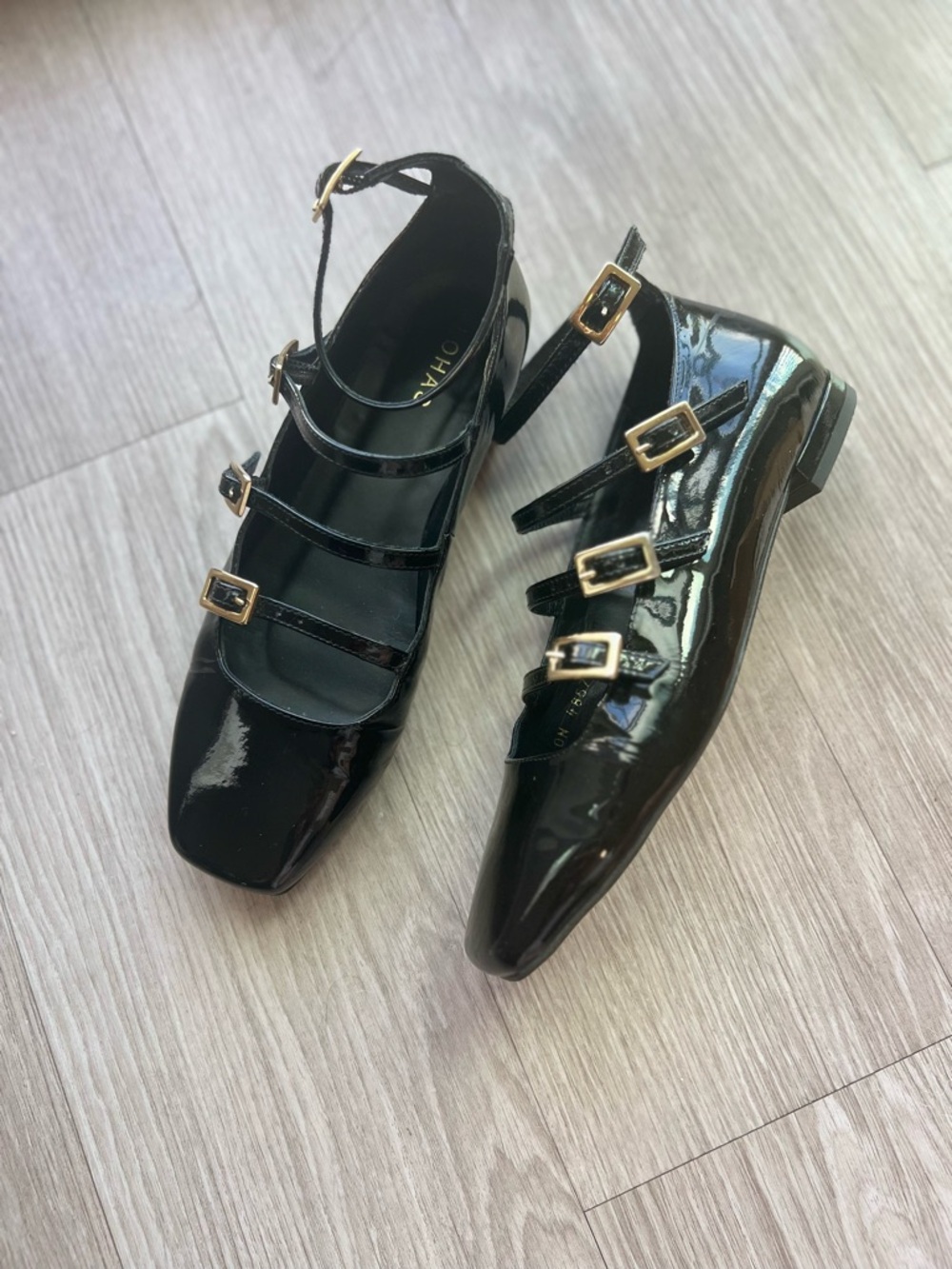 Alohas Black Patent Multi-Strap Mary Jane Flats with Gold Buckles - Picture 3 of 4